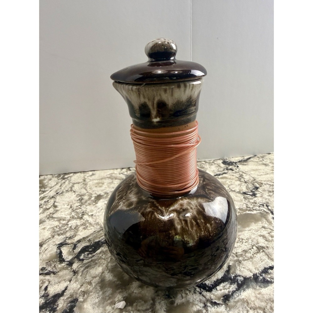 Vintage Brown Drip Ombré Glaze Bottle w/ Lid Cooper Wire Wrapped Neck